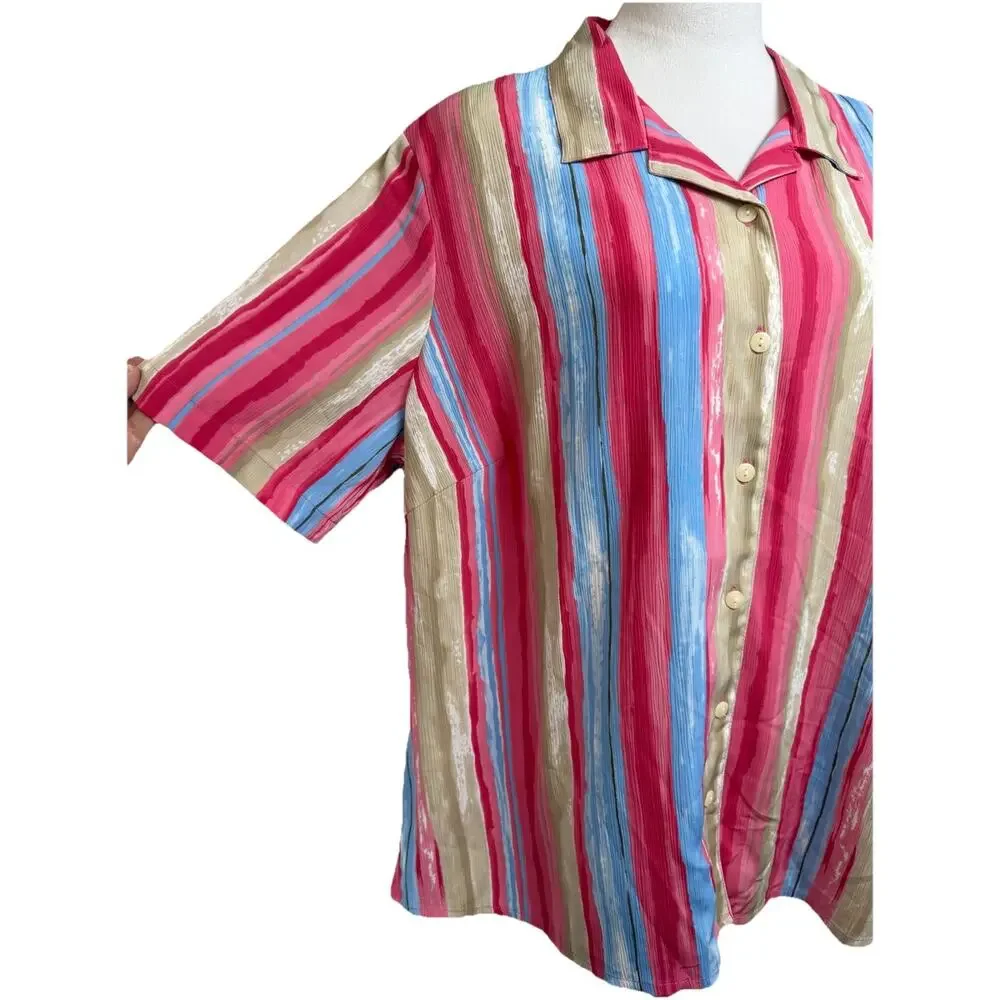 Vintage 80s Alia Striped Blouse Top 18W Button Up Short Sleeves Shoulder Pads - Picture 2 of 12